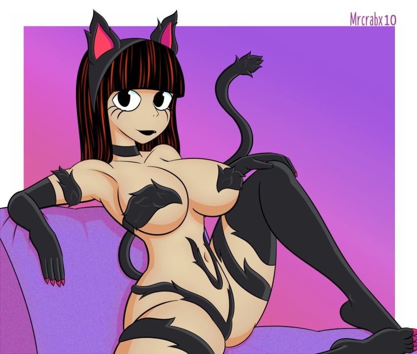 1girls animal_ears big_breasts black_eyes black_lipstick breasts cat_ears cat_tail claws cosplay couch crossover darkstalkers disney disney_xd felicia_(cosplay) female female_only fur julie_kane light_skin long_hair medium_breasts motorcity mrcrabx10 sitting spread_legs tail