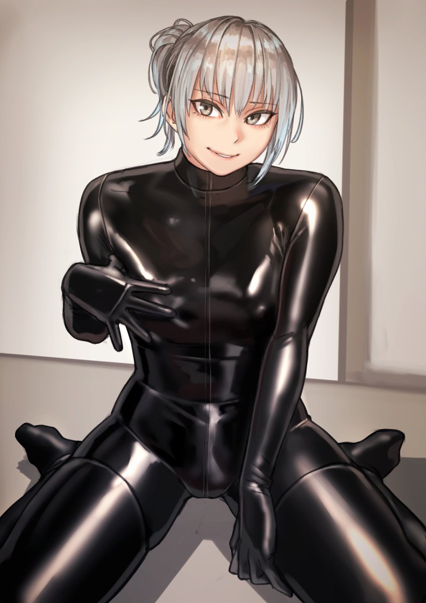 1boy bodysuit bulge femboy girly kilye_4421 latex on_floor penis_shaped_bulge pose shiny shiny_clothes sitting skin_tight smile solo wariza white_hair