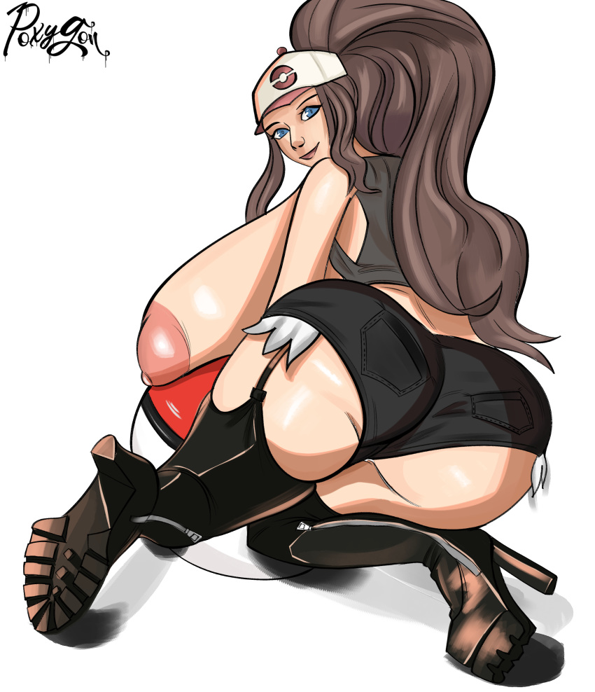 1girls alternate_breast_size areolae ass big_ass big_breasts breasts cutoffs female female_only hat high_heel_boots high_heels hilda_(pokemon) huge_breasts large_breasts looking_at_viewer looking_back nipples pokemon pokemon_bw poxygon rear_view shorts simple_background solo thick_thighs white_background wide_hips