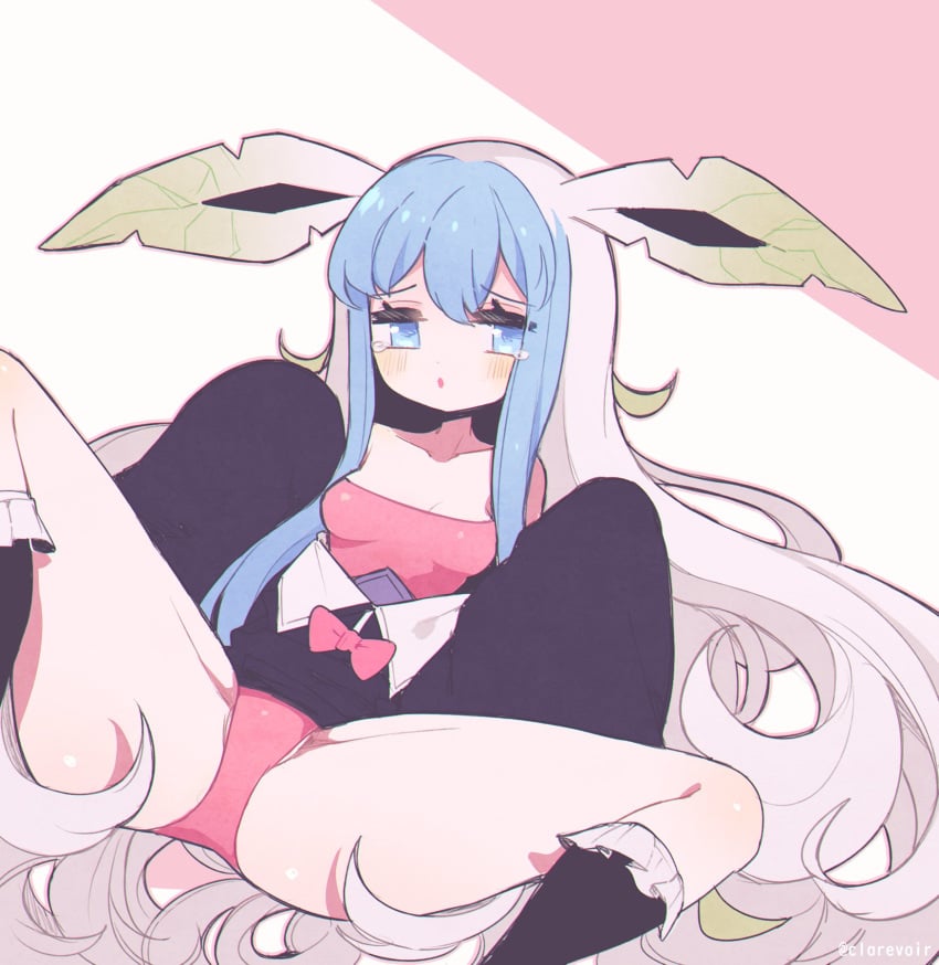 animal_ears artist_name bangs bare_shoulders black_dress black_legwear blue_eyes blue_hair blush bow breasts clarevoir collarbone commission dress english_commentary eyebrows_visible_through_hair female frilled_legwear glaceon green_hair grey_hair half-closed_eyes hands_up highres humanized_pokemon knee_up kneehighs kureamajo leafeon long_hair looking_away looking_to_the_side lying moemon multicolored_hair off_shoulder on_back open_mouth outline panties personification pink_background pink_bow pink_outline pokemon pokemon_(species) shiny shiny_hair shiny_skin sidelocks simple_background sleeves_past_fingers sleeves_past_wrists small_breasts solo spread_legs tears twitter_username two-tone_background very_long_hair watermark white_background