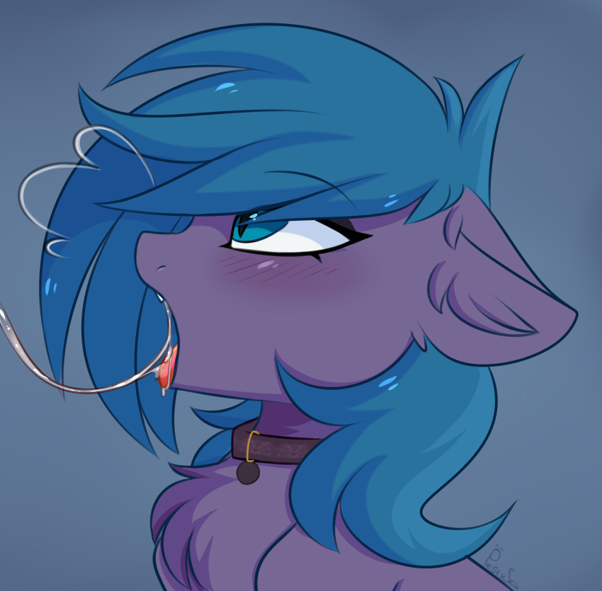 2019 absurd_res ambiguous_gender bat_pony belfry_towers_(sparklesmart) blue_background blue_eyes blue_mane blush bodily_fluids chest_tuft collar cum cum_drip cum_in_mouth cum_inside cum_string dripping ears_back english_text equid fan_character feral fur genital_fluids hasbro hi_res inner_ear_fluff mammal mane my_little_pony open_mouth pesty_skillengton pivoted_ears portrait pupils purple_body purple_fur signature simple_background slit_pupils solo text tongue tongue_out tuft