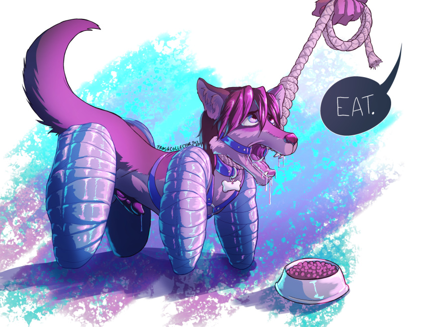 2020 all_fours ambiguous_gender amputee anthro balls bitchsuit bodily_fluids bondage bound bowl canid canine collar disability dog_food dripping dripping_precum duo english_text erection faceless_ambiguous faceless_character food food_bowl fur furry gag gagged genital_fluids genitals hair hi_res leash looking_up male male_only mammal open_mouth penis petplay precum renaissance_wolf ring_gag roleplay rope saliva solo_focus speech_bubble submissive submissive_male teeth text tongue trashcollector