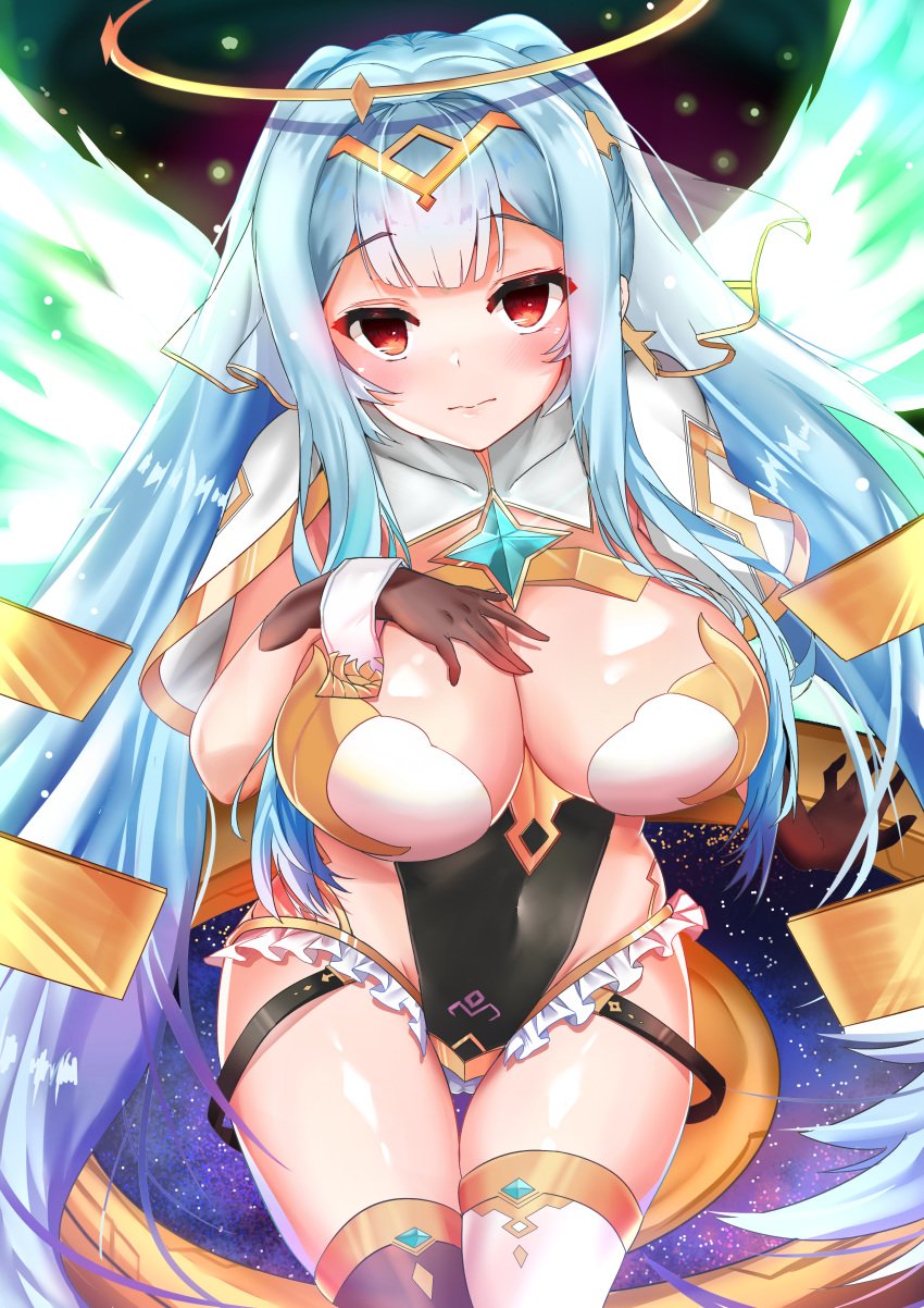 1girls bikini_armor breasts cleavage deogho_(liujinzy9854) dress epic7 fantasy female gloves green_hair hair_ornament halo hand_on_breast large_breasts long_hair looking_at_viewer outfit red_eyes roana_(epic7) space thighhighs video_games white_hair wings