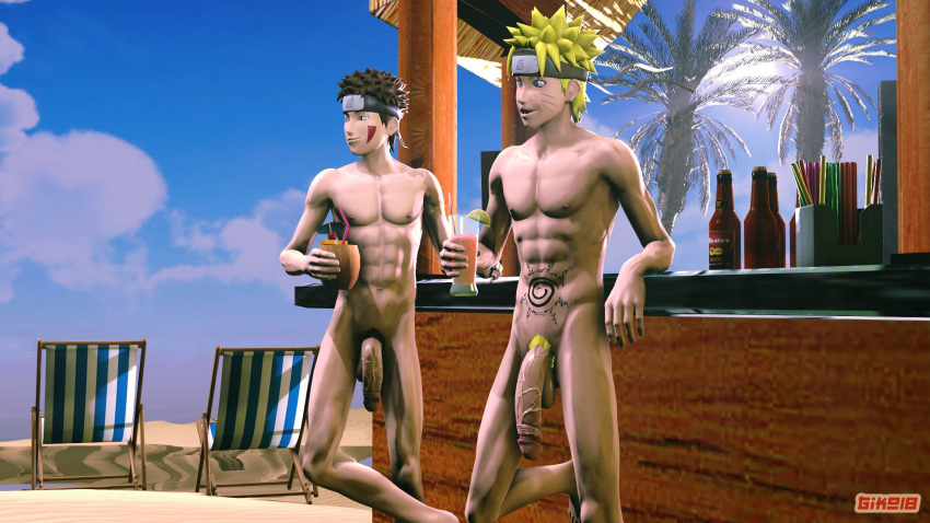 2boys 3d abs bar beach big_penis black_eyes blonde_hair blue_eyes body_markings brown_hair facepaint forehead_protector gay giko18 headband inuzuka_kiba large_penis male male/male male_only naked naruto naruto_(series) naruto_shippuden nipples nude nude_male outdoors outside palm_tree penis penis_size_difference pubes pubic_hair standing trees twink uncensored uzumaki_naruto veiny_penis whisker_markings whiskers yaoi yellow_hair