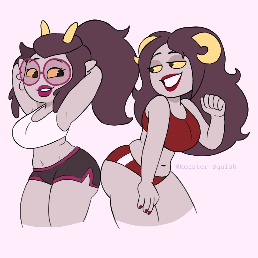 2020 2girls aradia_megido ass_to_ass big_breasts black_hair booty_shorts breasts crop_top feferi_peixes fins glasses grey_background grey_skin homestuck horns long_hair monstersquish ms_paint_adventures panties pink_lips red_lips red_nails shorts smile sports_bra troll yellow_eyes