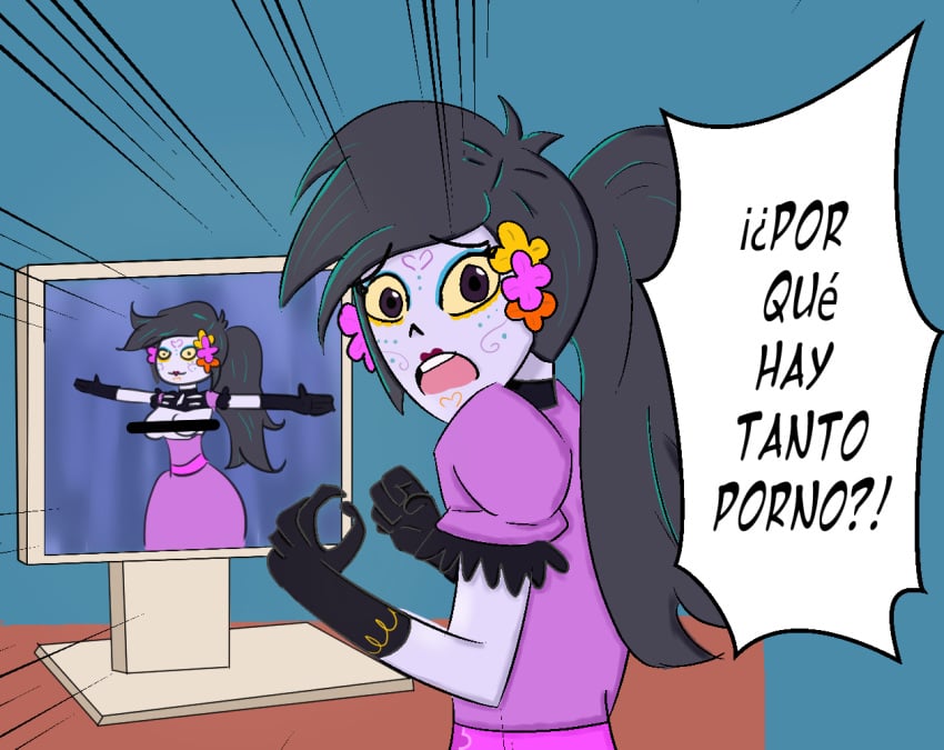 1girls black_hair bodypaint breasts catalina_la_catrina day_of_the_dead dia_de_los_muertos dress female hair_flower long_hair meme ponytail purple_eyes purple_skin spanish_text text toigo_rosas yellow_sclera