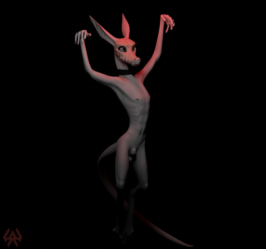 3d animal_genitalia anthro balls ballsack collar genitals hairless hi_res long_tail male male_only mask monster nude_male pale_skin paws pointy_nose red_light saz sazemek scrotum sheath skull_mask slim smooth_fur solo tail testicles white_fur