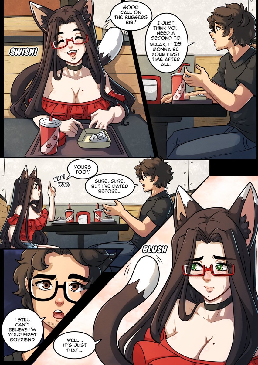 blush brown_hair cat_ears cat_tail catgirl closed_eyes comic english_text glasses jeans kinkymation open_mouth original paulina_(kinkymation) red_eyes red_shirt speech_bubble tailwag