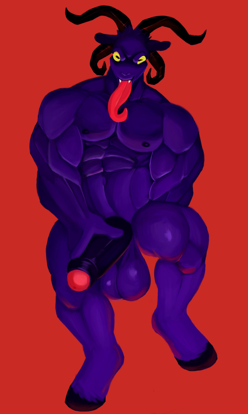 3:5 absurd_res anthro balls big_balls big_penis bovid caprine caprine_demon demon doggonut fur genitals goat goat_demon hi_res horn huge_cock looking_at_viewer male male_only mammal muscular muscular_anthro muscular_male nipples nude penis purple_body purple_fur purple_penis simple_background solo thisishomo tongue tongue_out