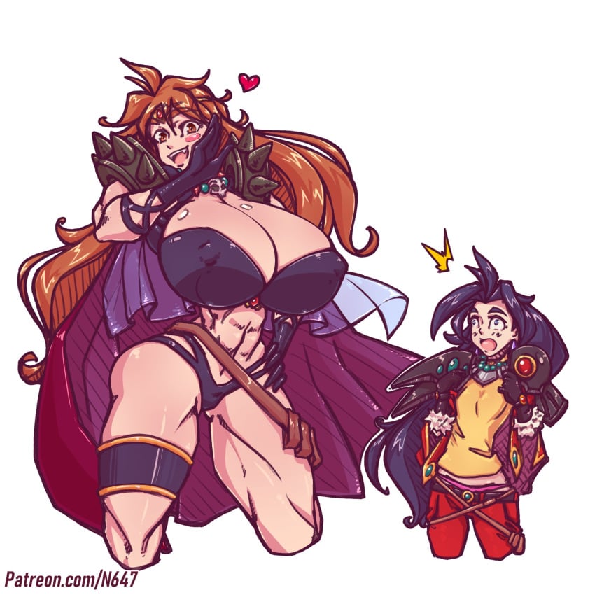 2girls ass big_ass big_breasts black_hair breasts cape cleavage color cosplay female heart huge_breasts human large_breasts laugh lina_inverse long_hair looking_down multiple_girls muscles muscular n647 naga_the_serpent nipple_bulge nipples_visible_through_clothing ojou-sama_pose orange_hair outfit_swap pale-skinned_female pale_skin purple_hair red_hair shortstack size_difference size_theft slayers small_breasts smug sorceress taller_female taller_girl thin_waist voluptuous wide_hips