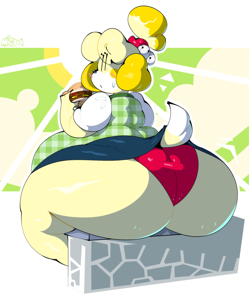 animal_crossing anthro ass bbw bell belly blonde_hair blush burger canid canine canis chubby chubby_female clothed clothing collar dog_tail fat female fur furry furry_only hi_res isabelle_(animal_crossing) large_ass large_butt mintrimo nintendo panties short_skirt sitting solo ssbbw stomach tail thick_thighs thighs yellow_fur