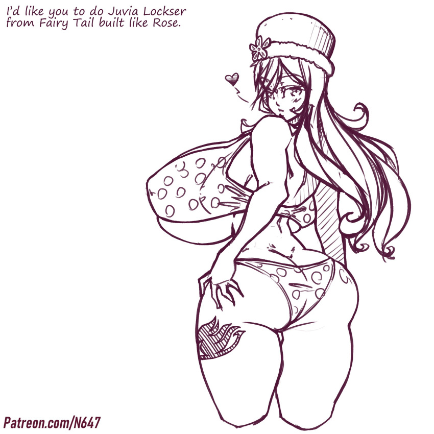 1girls ass bikini black_and_white breasts fairy_tail hand_on_ass heart huge_ass huge_breasts juvia_lockser looking_at_viewer looking_back monochrome n647 nipples_visible_through_clothing rosification solo swimsuit tattoo thick_thighs thin_waist voluptuous wide_hips