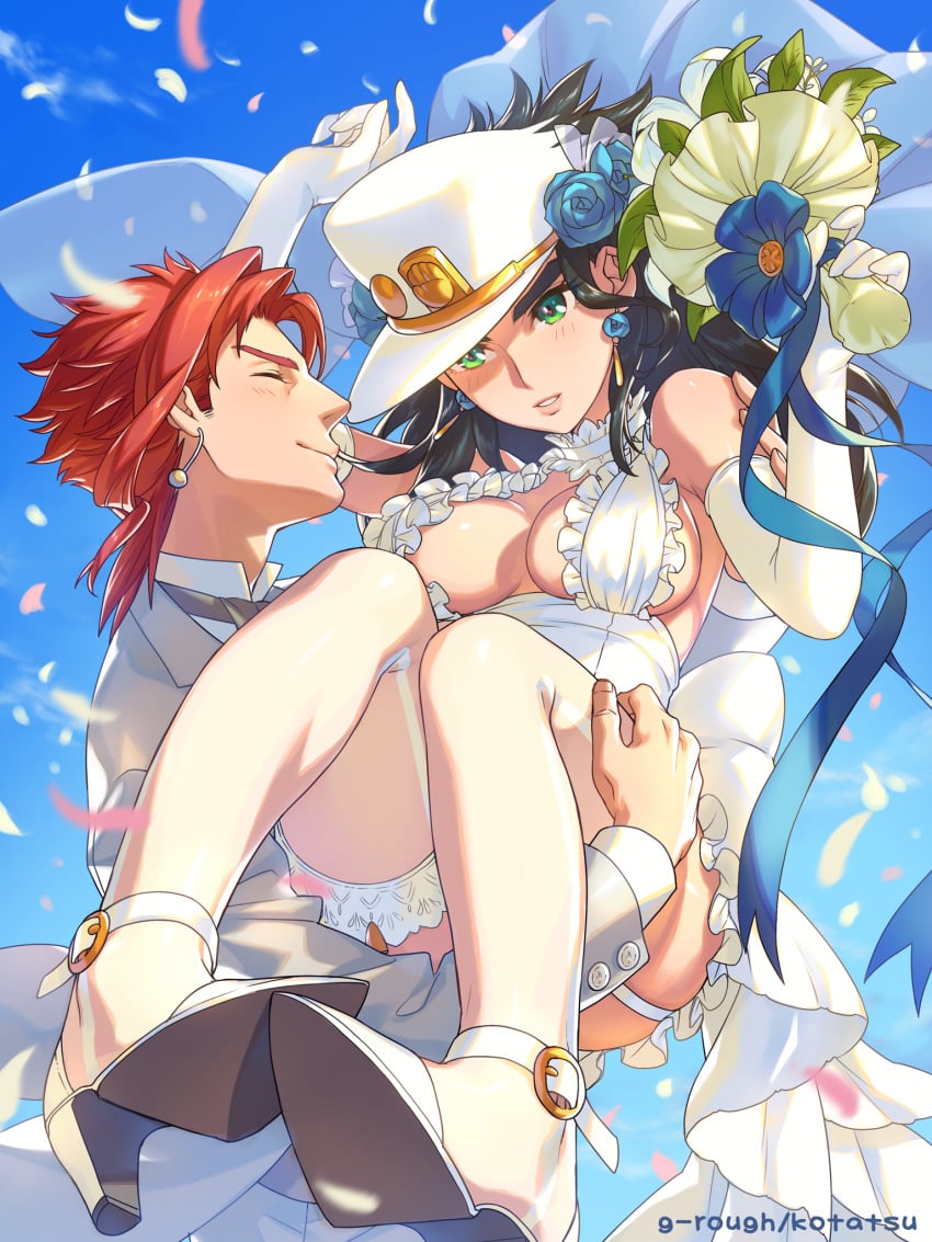 1boy 1girls 2017 absurd_res artist_name bare_shoulders black_hair bouquet bow breasts bridal_veil bride cleavage closed_eyes clothed clothing diamond_is_unbreakable dress earrings elbow_gloves female female_jotaro garter_belt genderswap_(mtf) gloves good_end green_eyes groom happy hat high_heels highres holding holding_bouquet husband_and_wife jewelry jojo's_bizarre_adventure jotaro_kujo large_breasts lipstick looking_at_another male male_on_female necktie noriaki_kakyoin outdoors princess_carry red_hair ribbon rule_63 short_hair sideboob sky smile standing stardust_crusaders suit suspension teeth thick_thighs thighhighs thighs tora_ryū veil wedding wedding_dress white_dress white_gloves white_suit wholesome