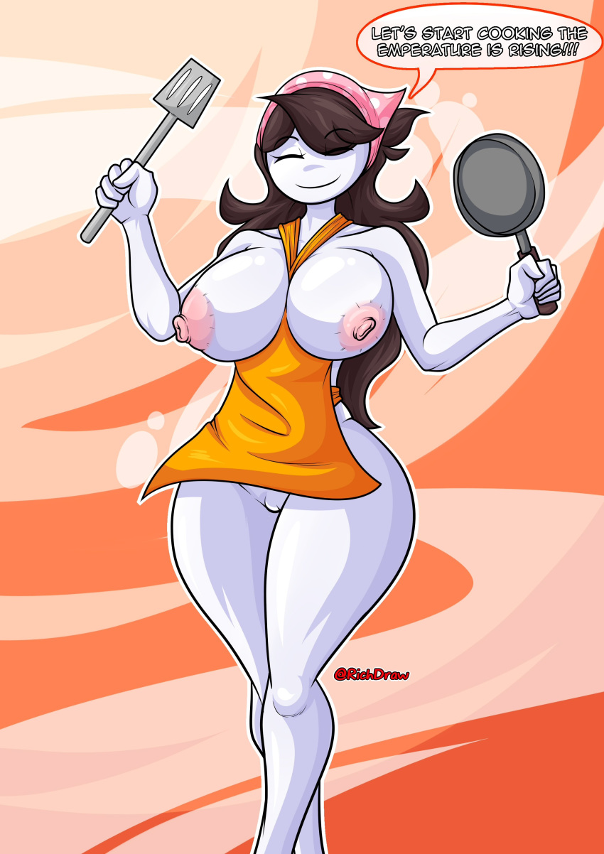 apron bandana big_breasts breasts breasts_out brown_hair cooking cooking_mama cosplay dialogue english_text frying_pan jaiden jaiden_animations kitchen kitchen_utensils long_hair naked_apron nintendo orange_apron richdraw spatula text typo youtube youtuber