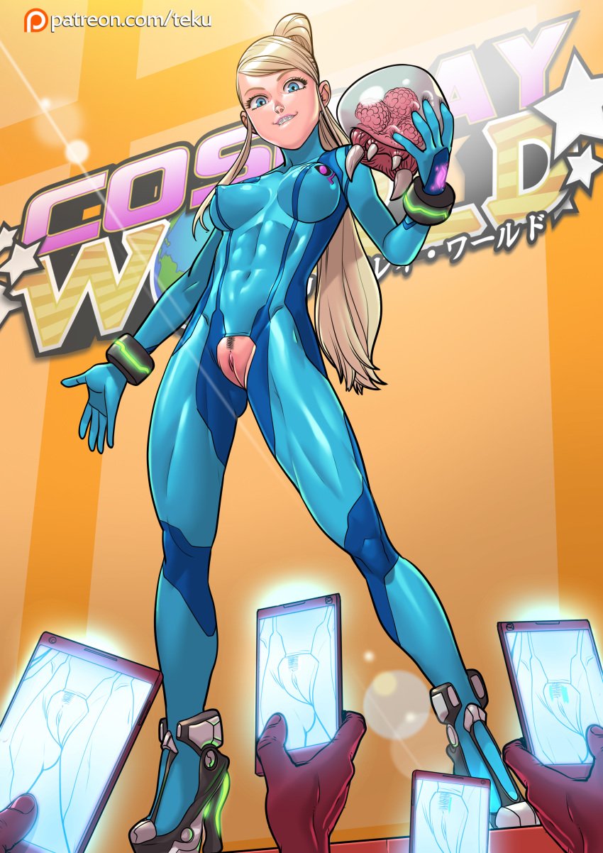 1girls alternate_breast_size alternate_version_available biting_lip blonde_hair blue_eyes bodysuit braces cosplay crossover crotchless curvy curvy_body curvy_female curvy_figure eyelashes faceless_male female female_focus high_heels hourglass_figure long_hair looking_at_viewer metroid metroid_(creature) multiple_boys ponytail presenting presenting_pussy pussy samus_aran_(cosplay) sexually_suggestive smartphone taking_picture tammy_(tekuho) teenager tekuho tight_clothing zero_suit