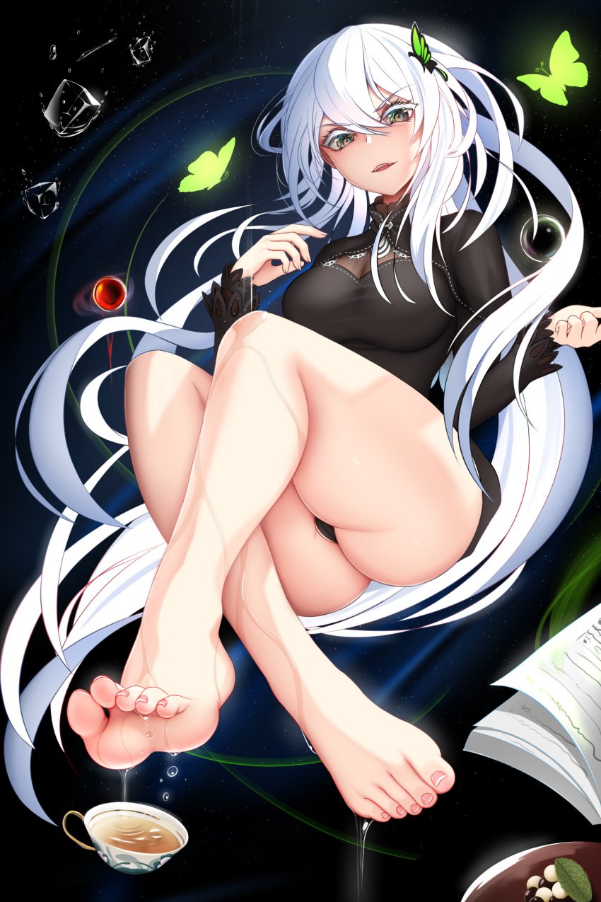 1girls bare_legs barefoot black_clothing bodily_fluids butterfly butterfly_hair_ornament damao_yu echidna_(re:zero) feet foot_fetish hair_ornament highres long_hair panties re:zero_kara_hajimeru_isekai_seikatsu solo sweat tagme tea teacup toes white_hair