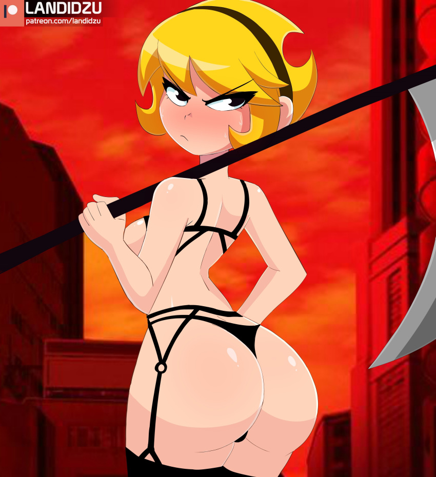 1girls 2020 aged_up angry ass black_panties black_thong blonde_hair blush breasts cartoon_network embarrassed female female_focus female_only garter_belt garter_straps hairband human human_only landidzu lingerie mandy mandy_(billy_and_mandy) panties scythe shiny shiny_skin short_hair sideboob standing the_grim_adventures_of_billy_and_mandy thong weapon