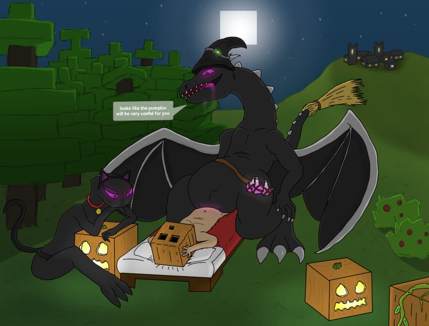 2d bed black_body clothing costume dragon duo ender_dragon enderman female feral food fruit furniture halloween hi_res holidays horn human human_on_feral interspecies jean? larger_female male male_on_feral mammal minecraft moon night open_mouth plant pumpkin purple_eyes scalie scalie_female sex size_difference smile straight strohdelfin text tree video_games village wings zoophilia