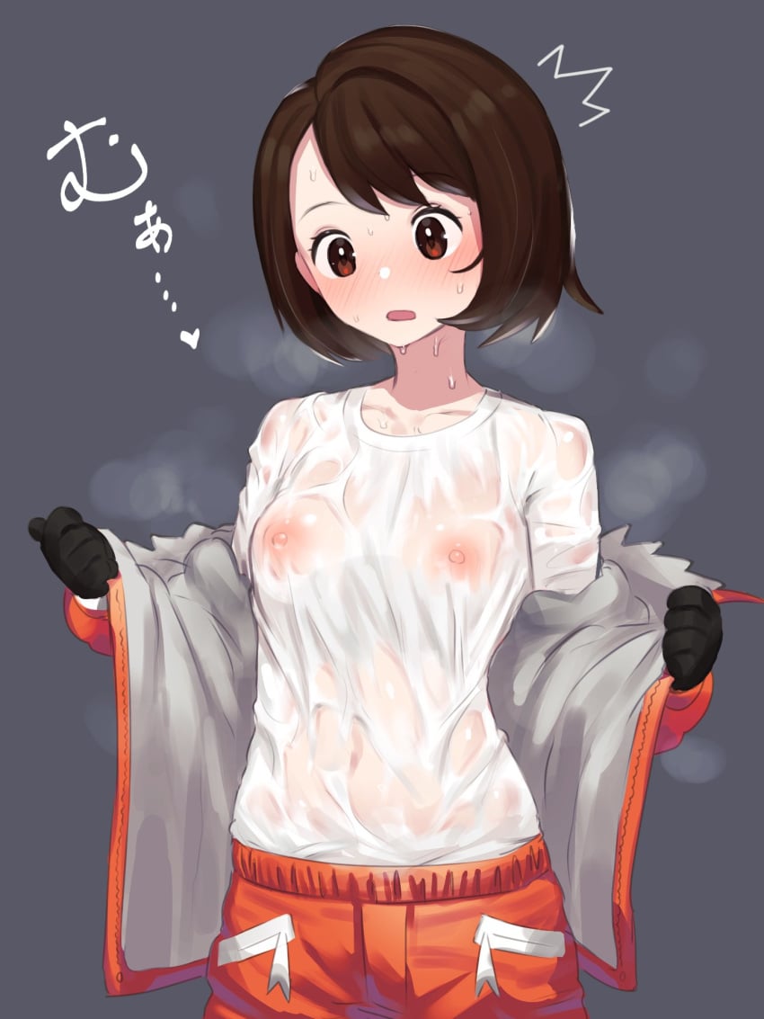 1girls ^^^ blush breasts brown_eyes brown_hair covered_nipples female gloria_(pokemon) ie_(raarami) nintendo no_bra pokemon pokemon_ss pokemon_ss_crown_tundra see-through solo standing teenager wet_clothes