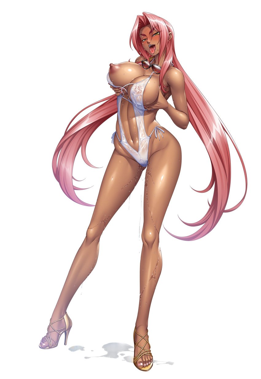 breasts dark-skinned_female dark_skin demon_girl female female_only high_heels ingrid_(taimanin_asagi) kagami_hirotaka makai_kishi_ingrid milf mole mole_under_mouth official_art one_breast_out solo swimsuit taimanin_(series) taimanin_rpgx