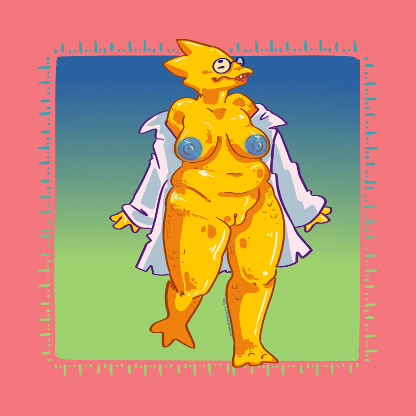 1:1 1girls 2d alphys anthro anthro_female anthro_only areola beady_eyes belly blush breasts chubby_female clitoris clothed clothing coat deep_navel eyes_mostly_closed eyewear fangs female female_only front_view genitals glasses hi_res humanoid humanoid_female humanoid_only lizard lizard_girl lizard_humanoid love_handles mostly_nude narrowed_eyes navel nipples non-mammal_breasts on_one_leg open_clothing open_coat open_mouth open_topwear overweight overweight_female pussy reptile reptile_humanoid scales scalie simple_background slightly_chubby solo spicyparsley standing thick_thighs tongue topwear undertale undertale_(series) video_games wavy_mouth wide_hips yellow_body yellow_scales