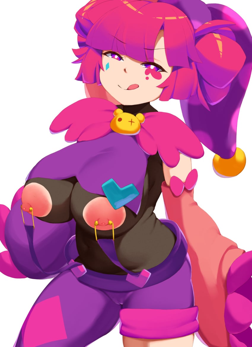 alternate_breast_size alternate_costume areolae big_breasts buro_(muse_dash) cameltoe dantes_ward face_paint female female_only huge_breasts jester_cap licking_lips muse_dash nipples red_hair seductive_look seductive_smile see-through solo tongue_out