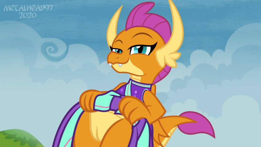 16:9 3_fingers anthro better_version_at_source bottomwear cheerleader_outfit clothed clothing clothing_lift cloud dragon female fingers friendship_is_magic genitals hasbro metalhead97 my_little_pony pussy skirt skirt_lift smile smolder_(mlp) solo widescreen young