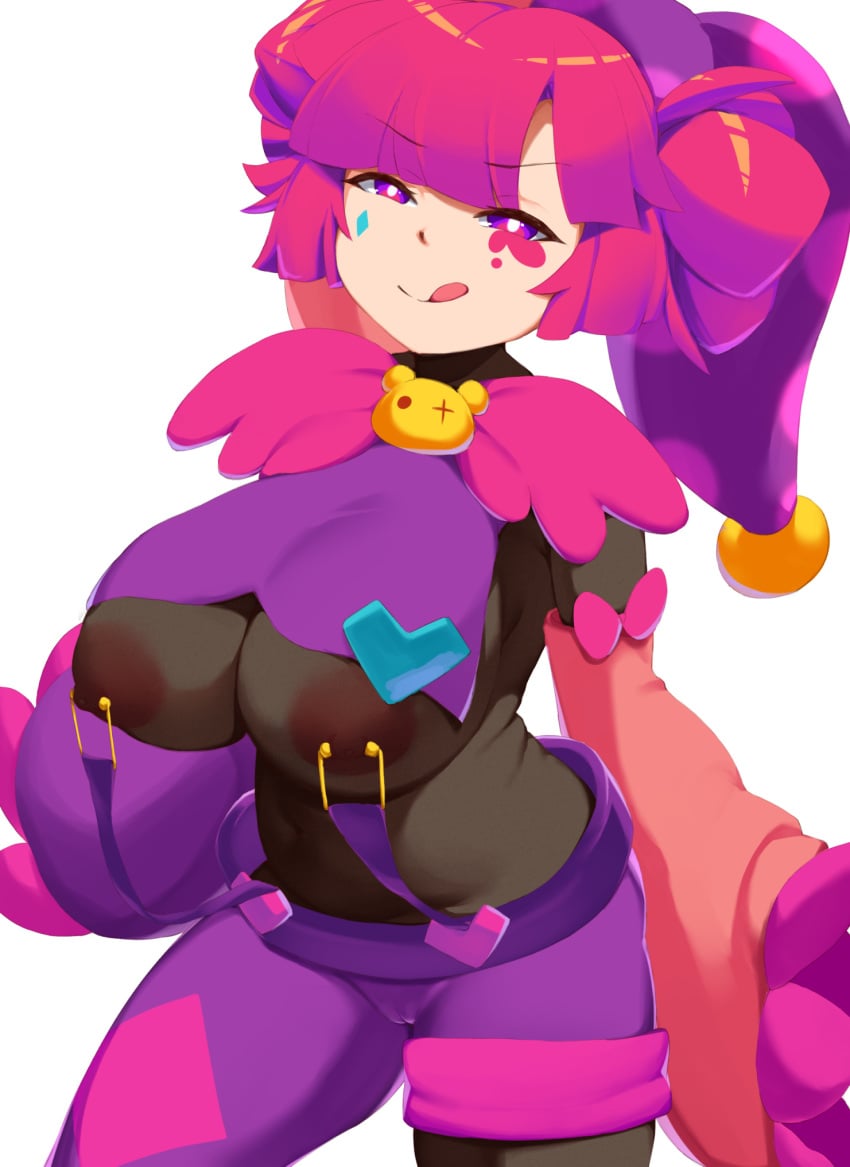 alternate_breast_size alternate_costume buro_(muse_dash) cameltoe dantes_ward face_paint female female_only huge_breasts jester_cap licking_lips muse_dash nipple_piercing nipples_visible_through_clothing red_hair seductive_look seductive_smile see-through solo tongue_out