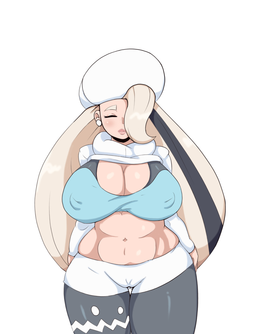 1girls alternate_breast_size big_breasts closed_eyes earrings female hat huge_breasts human iggy-bomb leggings lips long_hair mature_female melony_(pokemon) midriff milf minishorts mother nintendo nipple_bulge pokemon pokemon_ss shorts thick_lips thick_thighs thighs white_background