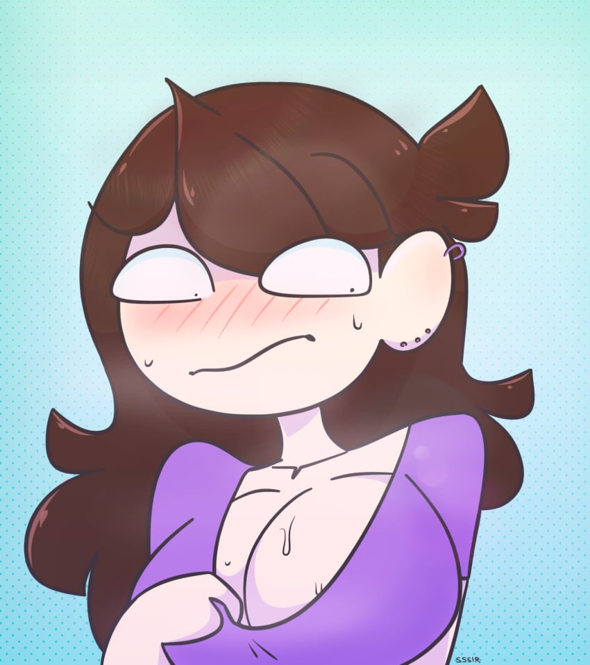 1girls big_breasts blush brown_hair cleavage earrings jaiden jaiden_animations no_bra purple_shirt slobbyslapper sssir sssir8 sweat youtube youtuber