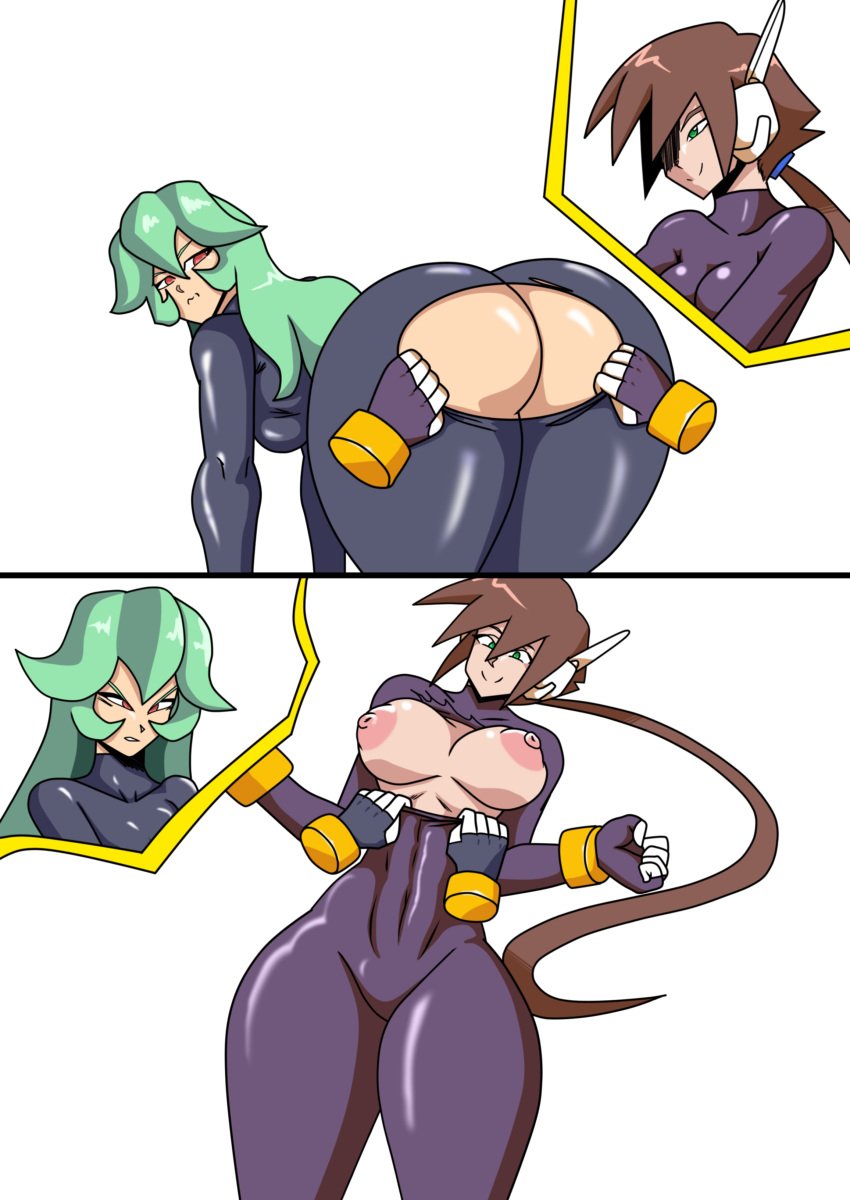 2girls aile ass assisted_exposure big_ass bodysuit breasts brown_hair charge_sol clothed comic cyborg green_eyes green_hair highres human large_ass large_breasts mega_man mega_man_zx_advent multiple_girls pandora_(mega_man) red_eyes reploid robot robot_girl tagme thick_thighs tight_clothing torn_clothes yuri