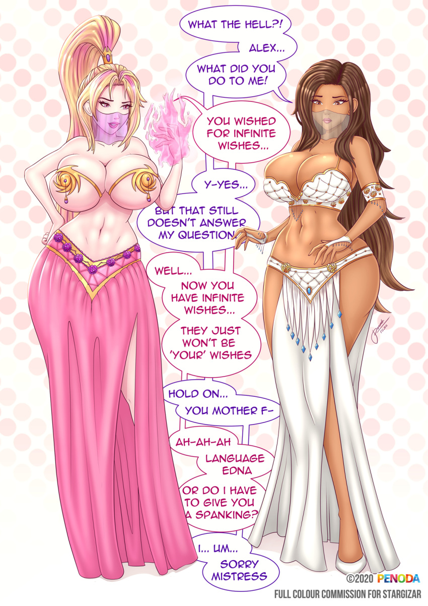 2girls arabian_clothes belly_dancer belly_dancer_outfit bridal_gauntlets brown_hair cleavage dark-skinned_female dark_skin dialogue english_text genie harem_girl harem_outfit implied_transformation large_breasts long_skirt midriff pelvic_curtain penoda revealing_clothes side_slit