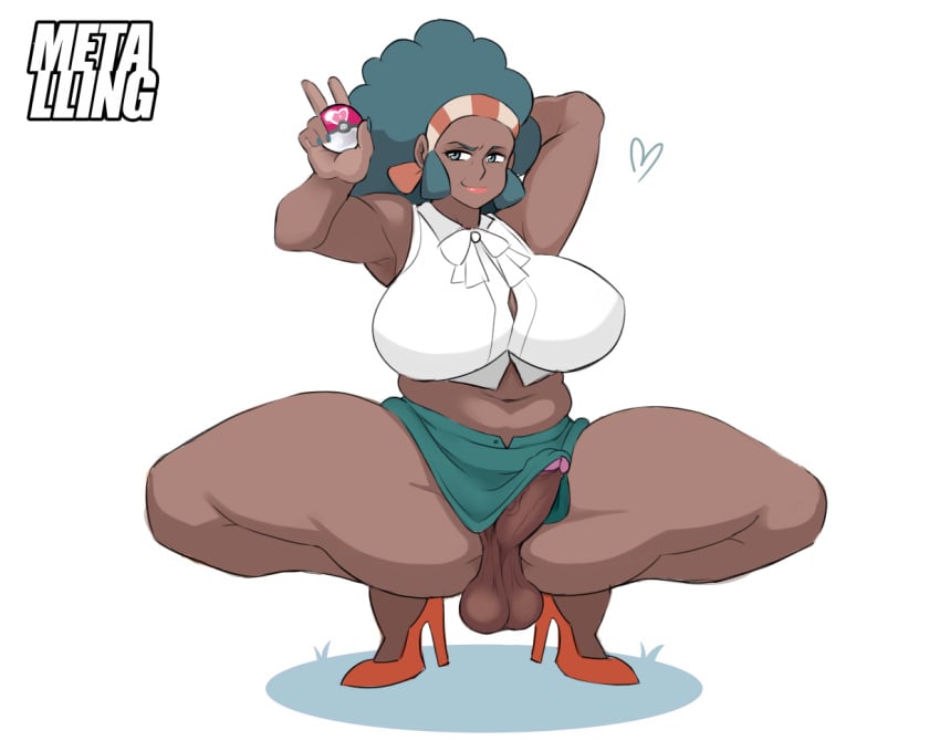 1futa afro alternate_breast_size arm_behind_head arm_up armpits artist_name big_hair big_penis big_testicles chubby_female colored dark-skinned_female dark-skinned_futanari dark_skin front_view futa_only futanari green_eyes green_hair green_nails green_skirt hairband high_heels large_breasts lenora_(pokemon) looking_at_viewer love_ball metalling nintendo orange_heels poke_ball pokeball pokemon pokemon_bw red_lipstick shadow smile solo_futa spread_legs squatting testicles thick_thighs uncensored white_background white_blouse