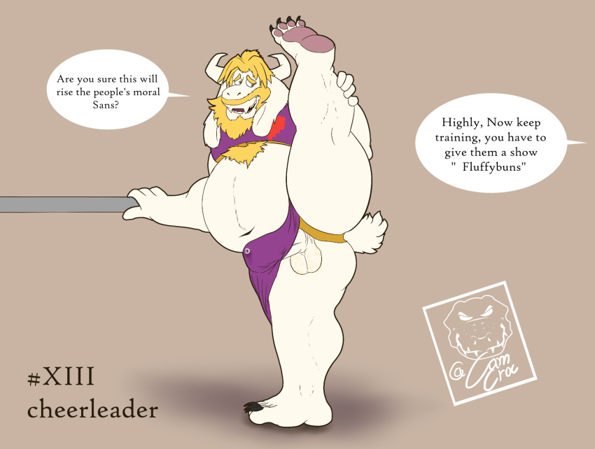 anthro asgore_dreemurr beard bottomwear bovid camsan_r_s caprine cheerleader clothed clothing crossdressing english_text facial_hair flexible goat hi_res male male/male male_only mammal overweight pubes skirt slightly_chubby solo splits spread_legs spreading text training undertale video_games