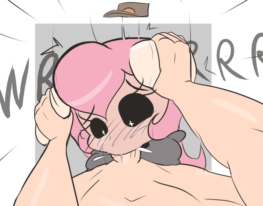 1boy 1girls blush cum cum_in_mouth cum_inside deepthroat doughroom fellatio horn_grab horns irrumatio male_pov oral original original_character pink_hair pov selene_(doughroom) starry_eyes