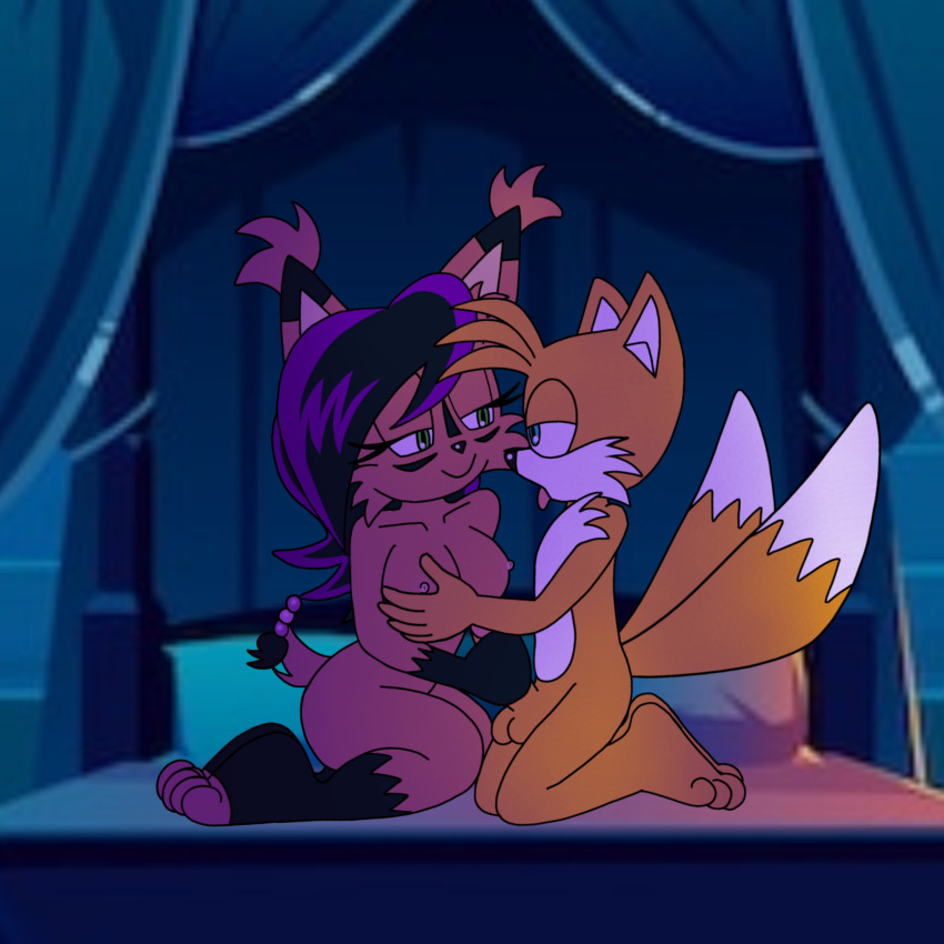 bed bedroom_eyes big_ass black_hair black_markings blue_eyes breast_grab curtains facial_markings fox green_eyes half-closed_eyes handjob indoors long_hair lynx medium_breasts mobian_(species) mood_lighting naked nicole_the_lynx night nude penis pigtails smirk sonic_(series) sonic_the_hedgehog_(archie) sonic_the_hedgehog_(comics) sonic_the_hedgehog_(series) swept_bangs tails testicles thick_thighs tongue_out