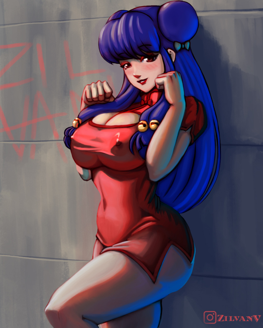 bare_legs big_breasts blue_hair breasts busty chinese_clothes chinese_dress cleavage cleavage_cutout clothing dress erect_nipples erection_under_clothes female female_focus female_only fully_clothed hourglass_figure large_breasts long_hair looking_at_viewer nipple_bulge nipples_visible_through_clothing pose posing ranma_1/2 shampoo_(ranma_1/2) short_dress smile solo wide_hips zilvan