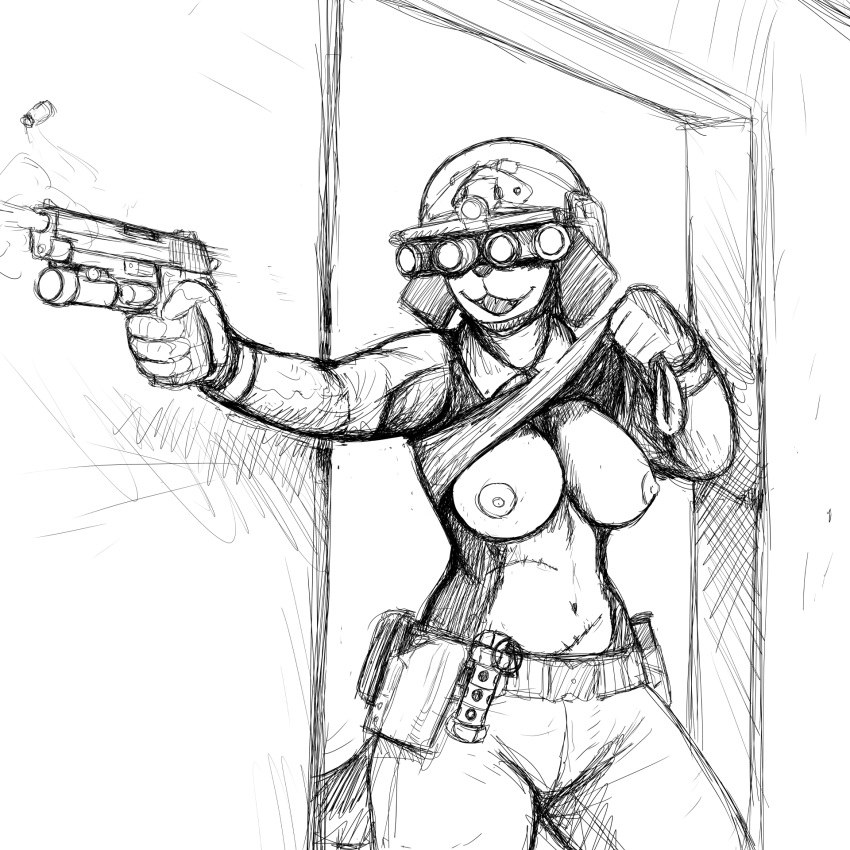 1girls anthro black_and_white breasts canid canine canis clothed domestic_dog female female_only flashing furry furry_only gun helmet hladilnik mammal military monochrome nipples presenting presenting_breasts ranged_weapon samantha_thott shirt_lift standing