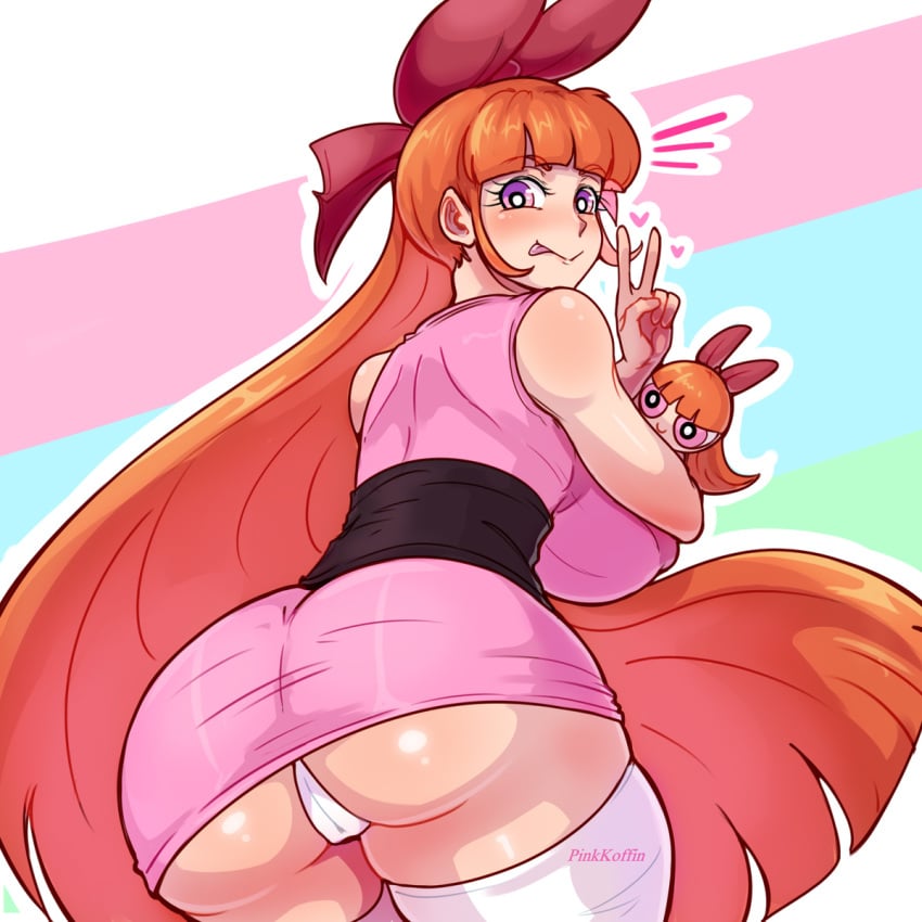 1girls :d :p ass bimbo blossom_(powerpuff_girls) blush bow female highres huge_ass huge_breasts long_hair looking_back panties peace_sign pinkkoffin powerpuff_girls red_hair solo thick_thighs thighhighs tongue_out upskirt v