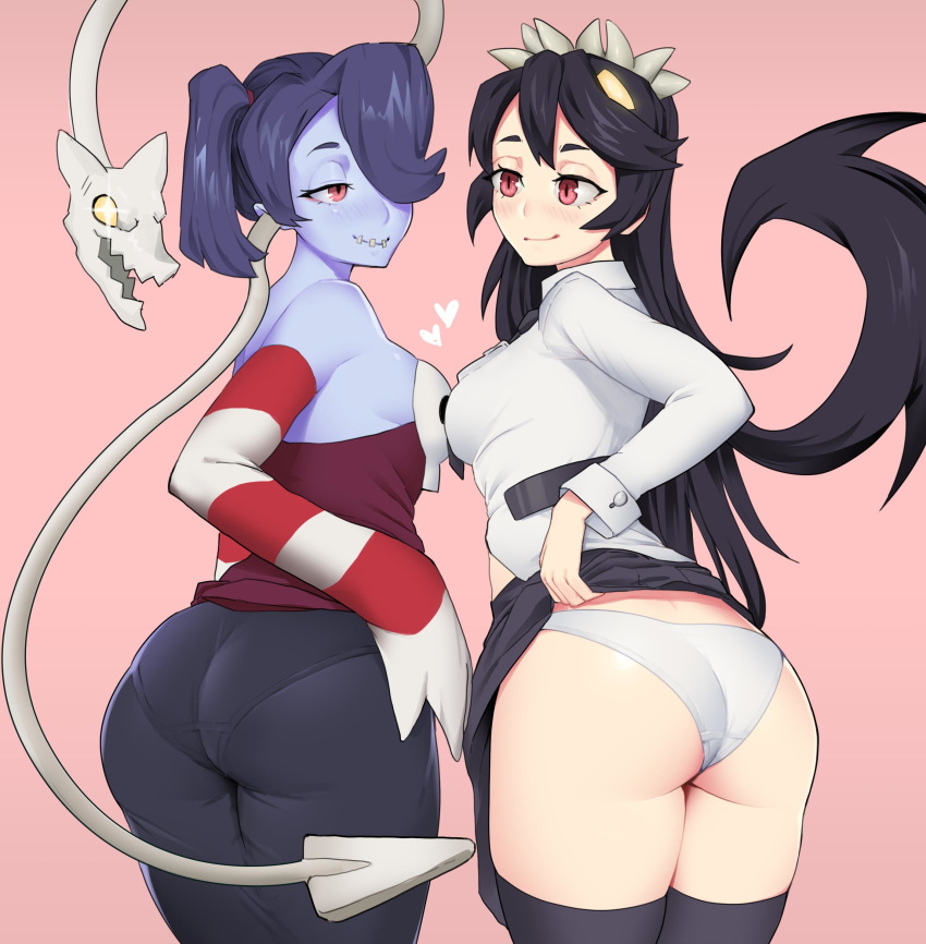 2girls ass ass_focus black_hair blue_hair blue_skin blush filia_(skullgirls) hair_over_one_eye lab_zero_games leviathan_(skullgirls) panties red_eyes samson_(skullgirls) skullgirls squigly tenguro thighhighs