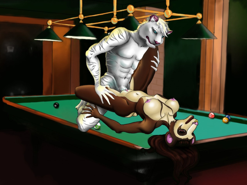 2018 abs anthro anthro_on_anthro anthro_penetrated anthro_penetrating anthro_penetrating_anthro areola ass athletic athletic_anthro athletic_male billiard_ball billiard_table billiards bisonbull92 breasts brown_body brown_fur brown_hair clitoris domestic_ferret duo ej_(bisonbull92) erect_nipples facial_piercing felid female female_penetrated fortunata_(bisonbull92) fur genitals hair hand_on_leg hand_on_thigh inner_ear_fluff inside kneeling leg_grab leg_over_shoulder leg_slider_position long_hair looking_at_another looking_at_partner looking_pleasured lying male male_penetrating male_penetrating_female mammal missionary_position multicolored_body multicolored_fur mustela mustelid musteline navel nipples nose_piercing nose_ring nude on_back on_billiard_table pantherine penetration penile penile_penetration penis piercing pool_table pussy sex straight striped_body striped_fur stripes sunflowersun tan_body tan_fur tiger tuft two_tone_body two_tone_fur vaginal_penetration white_body white_fur