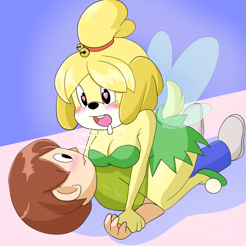 1girls animal_crossing bell blush canine cleavage covered_breasts drooling female female_on_top heart-shaped_pupils isabelle_(animal_crossing) nintendo nojimmyplz panting pinned simple_background snout tail tied_hair tinker_bell tinker_bell_(cosplay) villager_(animal_crossing) visible_breath wings yellow_fur