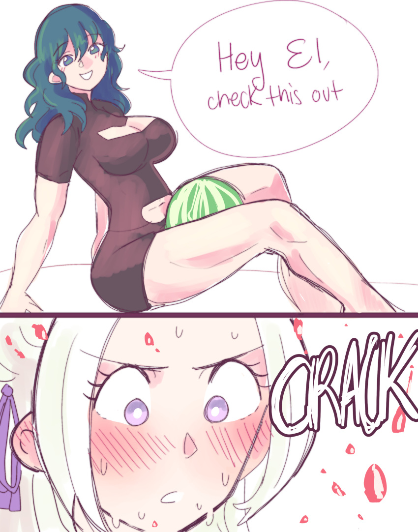 2girls 2koma bare_legs blue_eyes blush breaking_watermelon_with_thighs breasts byleth_(fire_emblem) byleth_(fire_emblem)_(female) cleavage cleavage_cutout edelgard_von_hresvelg english_text female female_only female_protagonist fire_emblem fire_emblem:_three_houses flustered henemimi looking_at_viewer medium_breasts melon muscular_female muscular_thighs nintendo purple_eyes shocked smile sound_effects sweat teal_hair text thick_thighs thighs watermelon watermelon_crushing white_hair yuri yurifucker