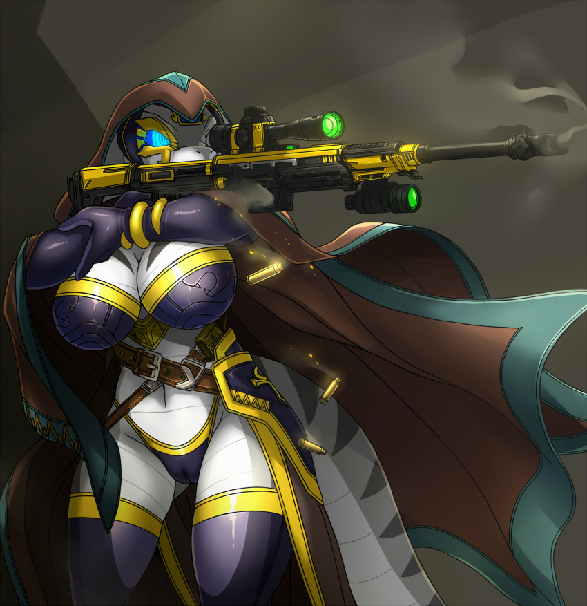 anthro blue_eyes breasts bullet cape clothed clothing egyptian female genitals grey_body gun hi_res holding_object holding_weapon link2004 multicolored_body partially_clothed pussy ranged_weapon reptile rifle scalie simple_background smoke snake sniper_rifle solo two_tone_body wadjet_(kiala_tiagra) weapon white_body