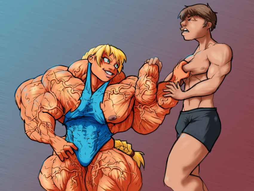 1boy androgynous ayanamifan biceps blonde_hair commission darothsdrawings extreme_muscles female flat_chest green_eyes grin hyper_muscle leotard muscular_female original pain pe pec_grab veins veiny_muscles