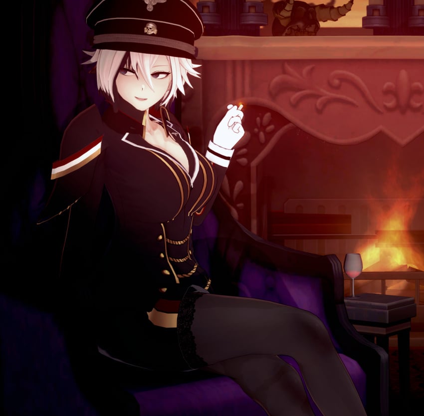 arlecchino_(genshin_impact) bleachedartoria cigarette genshin_impact gloves hat koikatsu nazi nazi_imagery short_hair stockings white_hair