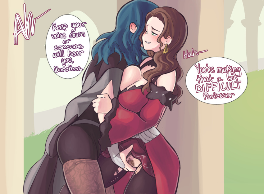 2girls black_shorts blue_hair breast_squeeze breasts brown_hair byleth_(fire_emblem) byleth_(fire_emblem)_(female) clothed_female cutout dorothea_arnault earrings english english_text female female_only female_protagonist fingering fingering_partner fire_emblem fire_emblem:_three_houses green_eyes henemimi large_breasts leggings long_hair medium_hair multiple_girls nintendo pantyhose photo post-timeskip pubic_hair pussy_cutout pussy_juice ripped_clothing shorts text torn_clothes yuri yurifucker