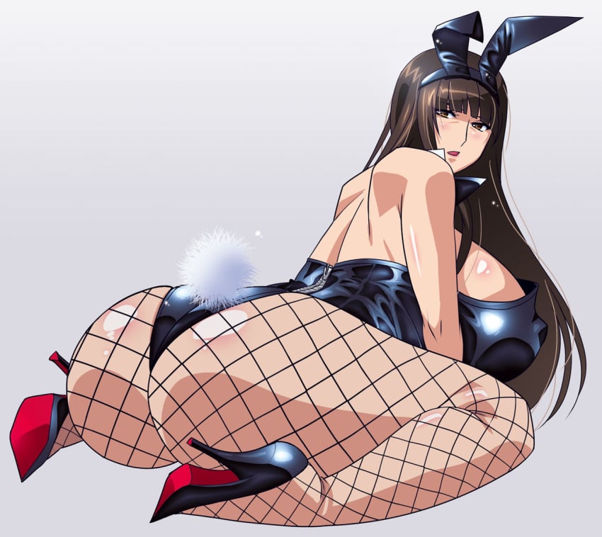 big_nipples bunny_costume bunny_ears bunnysuit fishnet_stockings girls_und_panzer heels huge_ass huge_breasts looking_at_viewer looking_back married milf naked nishizumi_shiho pantyhose raisuta voluptuous white_background