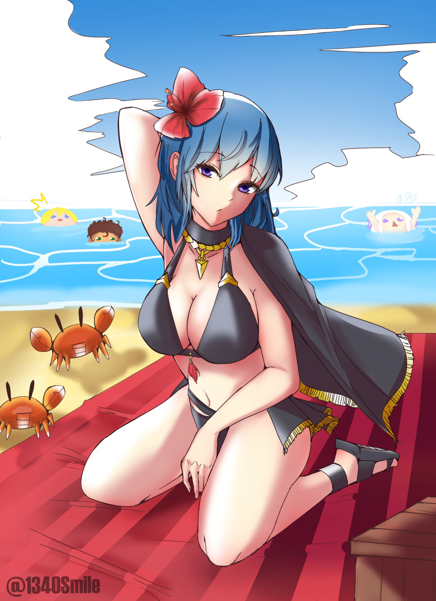 1340smile alternate_costume bikini black_bikini black_footwear black_swimsuit blue_eyes blue_hair breasts byleth_(fire_emblem) byleth_(fire_emblem)_(female) byleth_(summer)_(fire_emblem)_(female) claude_von_riegan dimitri_alexandre_blaiddyd edelgard_von_hresvelg female fire_emblem fire_emblem:_three_houses fire_emblem_heroes looking_at_viewer nintendo official_alternate_costume outdoors sandals solo swimsuit