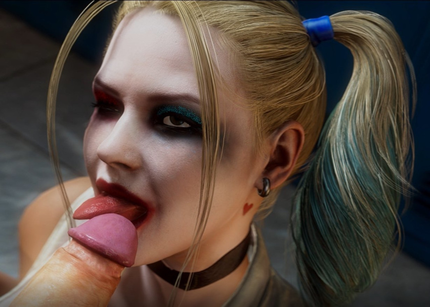 1boy 1girls 3d batman_(series) cassie_cage cassie_quinn cosplay dc dc_comics earrings erection fellatio female female_focus harley_quinn_(cosplay) hollowsfm licking_penis makeup male mortal_kombat mortal_kombat_11 oral partial_male penis straight tongue tongue_out wink winking